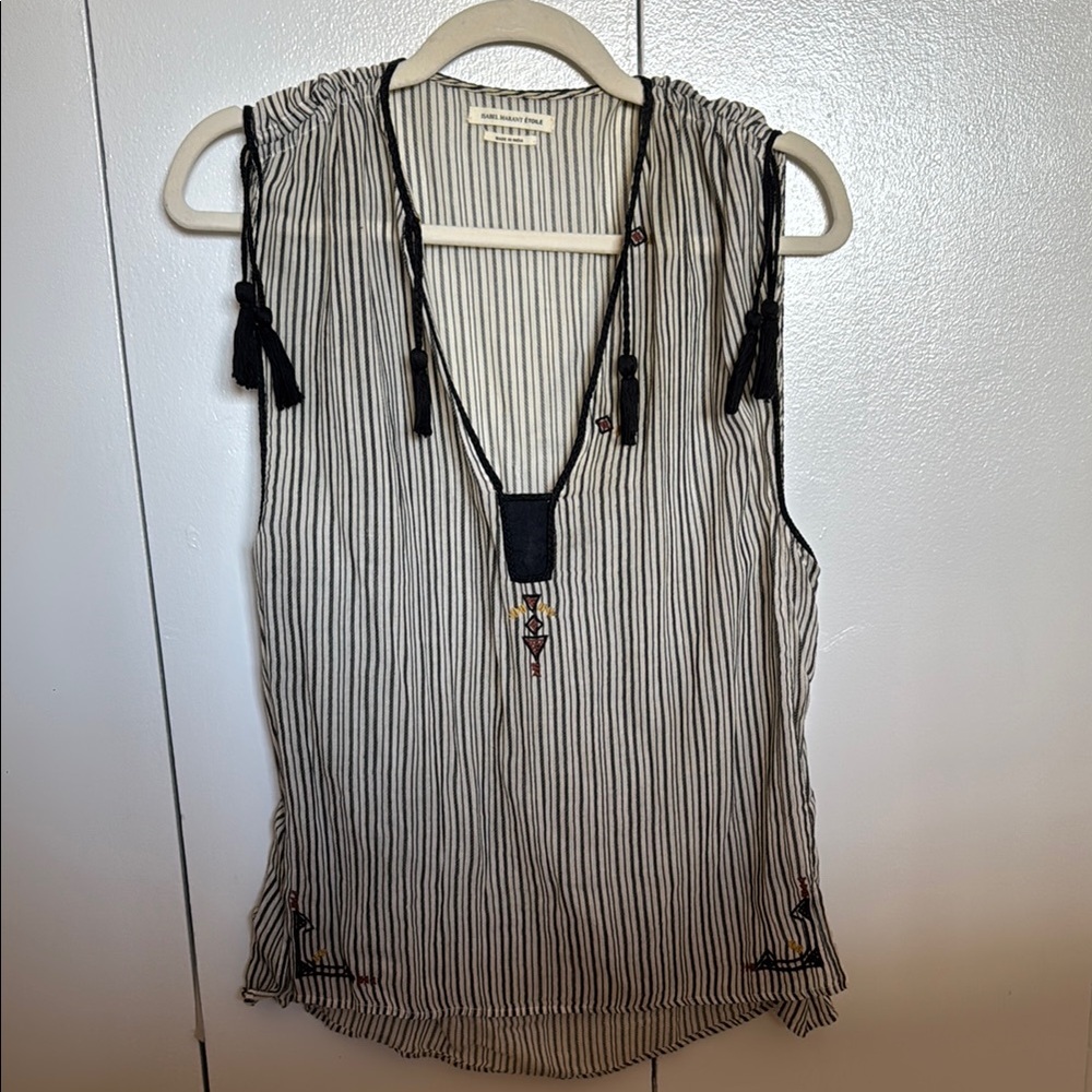 Isabel Marant Étoile Judith Black and White Sleeveless Tassel Top size 38